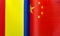 Fragments of national flags of Romania and China close-up
