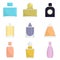 Fragrance bottles perfume icons set, flat style