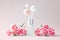 Fragrance diffuser and carnation flowers decor on pink background