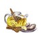Fragrant antiviral tea with lemon, cinnamon and ginger. Watercolor illustration. Glass teapot with vitamin tea