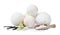 Fragrant bath bombs, salt, vanilla sticks and flower on white background