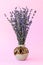 Fragrant bouquet of dry lavender with small purple flowers in a beautiful ceramic vase on a pastel pink background. Aromatherapy