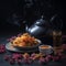 Fragrant Chrysanthemum tea in a teapot with savory snacks on table