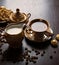 Fragrant coffee with sweets on the table