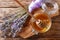 fragrant fresh lavender honey in a glass jar close-up. horizontal top view