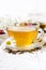 fragrant herbal tea in a cup on white background, vertical