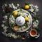 Fragrant Jasmine tea in a teapot with fresh fruits on table