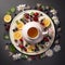 Fragrant Jasmine tea in a teapot with fresh fruits on table