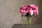 Fragrant peonies in vase on table against color background. Beautiful spring flowers