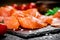 Fragrant salted salmon on a stone board.