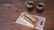 Fragrant tea and fresh crispy pastries on a cutting board. Close-up.