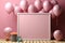 Frame, balloons, confetti, birthday mockup, top view on pink table