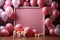 Frame, balloons, confetti, birthday mockup, top view on pink table