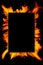 Frame of blurred bright burning hot fire flames against black background. Close up, copy space for your design, text or
