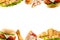 Frame of Burger, hotdog, sandwich, chicken leg and pizza Background Design. fast food, Isolated on White Background