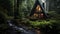 An A-frame cabin in the middle of a lush forest with a stream.