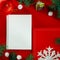 Frame of Christmas decoration on red background top view