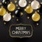 Frame with Christmas greeting , Golden stars and black, white and glitter gold Christmas baubles.