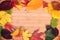 Frame of colorful autumnal leaves, wood background