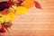 Frame of colorful autumnal leaves, wood background