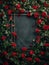 Frame decorated with roses, dark background. Festive template for your design