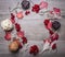 Frame decorative balls made of rattan, autumn leaves, plants, berries Viburnum on wooden rustic background top view close up space