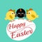 Frame with design on Easter with three friendly cartoon-style chicks perched on an egg.