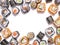Frame of different Japanese food rolls set on white background.