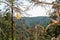 Frame of dry whimsical intertwining of the branches of the trees. Top view through it to mountains.