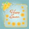 Frame easter eggs and daffodils turquoise background vector