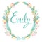 Frame of flowers and ferns with girl`s name Emily