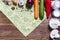 Frame of fresh vegetables and dairy products on wooden background.