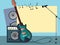 Frame with a guitar, combo amp, microphone, speaker and notes on a blue background. Vector