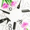 Frame with hairdresser tools - spray, scissors, combs, barrette and tulips flowers on white background. Beauty concept. Flat lay,