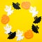 Frame of halloween decoration on vivid  yellow background. Flat lay orange pumpkins, spooky spiders, bat, insects. Top view with