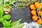 Frame from herbs and tomatoes on black board