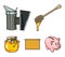 A frame with honeycombs, a ladle of honey, a fumigator from bees, a jar of honey.Apiary set collection icons in cartoon