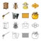 A frame with honeycombs, a ladle of honey, a fumigator from bees, a jar of honey.Apiary set collection icons in cartoon