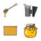 A frame with honeycombs, a ladle of honey, a fumigator from bees, a jar of honey.Apiary set collection icons in cartoon