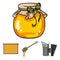 A frame with honeycombs, a ladle of honey, a fumigator from bees, a jar of honey.Apiary set collection icons in cartoon