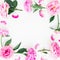 Frame made of pink peony flowers, leaves and petals with space for text on white background. Flat lay, top view. Peony flower text