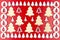 A frame made of white, wooden Christmas trees isolated on a red background, inside a large, wooden Christmas tree.