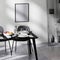 Frame mock up in contemporary minimalist design interior, close up of dining table with chairs, white wall and concrete floor,