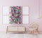 Frame mock up design in pink room, wooden rattan furniture in Scandinavian style