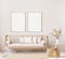 Frame mock up in farmhouse style living room with wooden trendy sofa and white vase with dried flowers