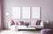 Frame mock up for modern sofa on light pink wall background with trendy home accessories
