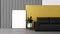 frame mock up with sofa scene with yellow mustard and black stripes wall