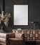 Frame mockup in modern industrial interior with leather furniture, luxury office