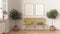 Frame mockup, modern wooden living room in white tones, lounge, waiting room with rattan sofa, potted plants. Herringbone parquet