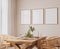 Frame mockup in Scandinavian dining room design, rattan chairs and wooden dining table on bright beige interior background